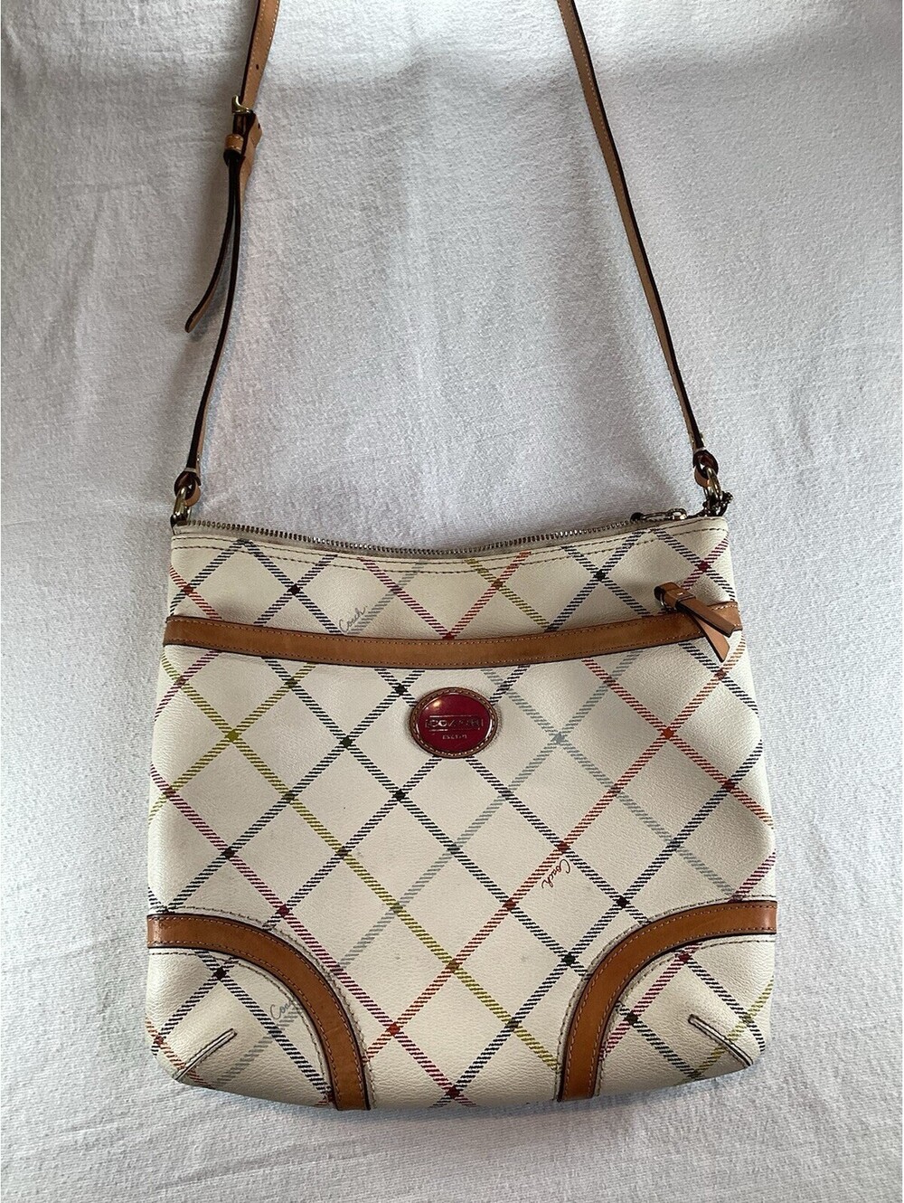 Coach Peyton Tattersall Pink Plaid Shoulder Bag Leather Trim No A1326-F21904